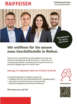Eröffnungsfest der neu umgebauten Raiffeisenbank Riehen – 19. September 2026